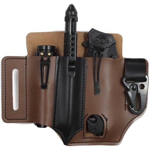 Tactical Multifunction Leather Sheath Pocket Organizer With Key Holder For Belt And Flashlight Camping Outdoor Tools Accessories