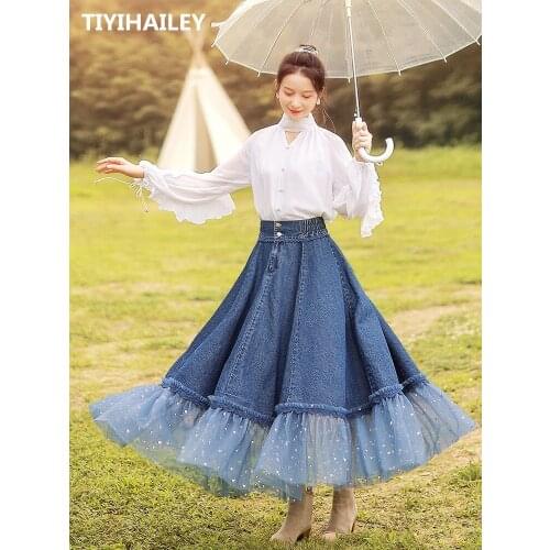 TIYIHAILEY Free Shipping Bohemian Long Maxi Women Mesh And Denim Patchwork Skirts High Elastic Waist Spring Autumn Jeans Skirts