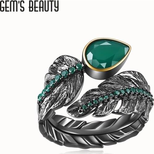 GEMS BEAUTY 925 Sterling Silver For Women Bypass Rings Natural Pear Cut Green Agate Handmade Feather Rings Romantic Gift