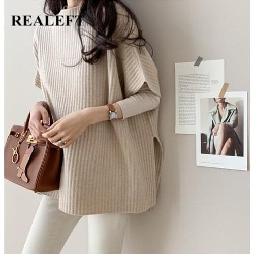 REALEFT Autumn Winter Solid Womens Knitted Vest Sweater 2021 New Long Sleeve Side Split Casual Loose Pullovers Female Chic Tops