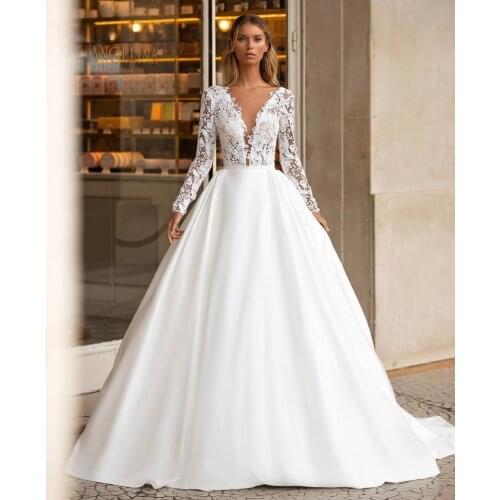 2021 New White A-Line Wedding Dresses African Bridal Gown Lace Top Deep V-Neck Satin Long Sleeve Plus Size Sweep Train