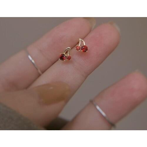 Cherry Stud Earrings For Women Simple Cute Sweet Fruit Ear Ring Chic Red Crystal Zircon Female Piercing Small Jewelry Wholesale