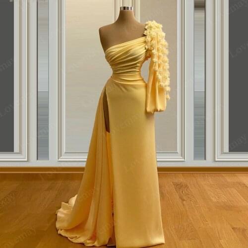 Arabic Yellow Simple Evening Dresses Mermaid Long Evening Gowns One Shoulder Celebrity Dresses Women Party Vestidos De Noite