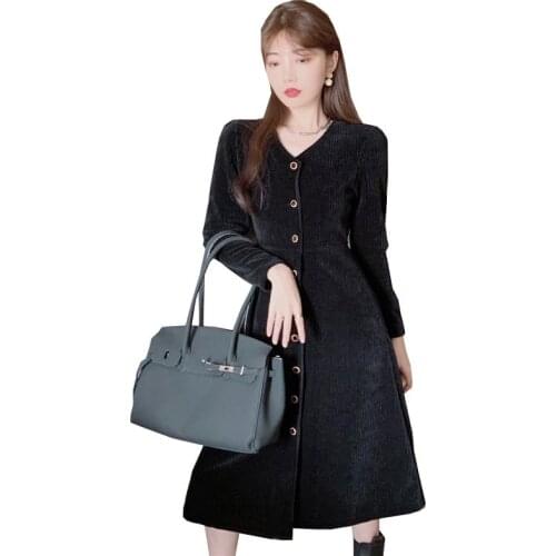 Shirt Dress Women Long Sleeve Elegant Office Lady Vintage Cotton Corduroy Single Breasted Button French Style Feminine Vestidos