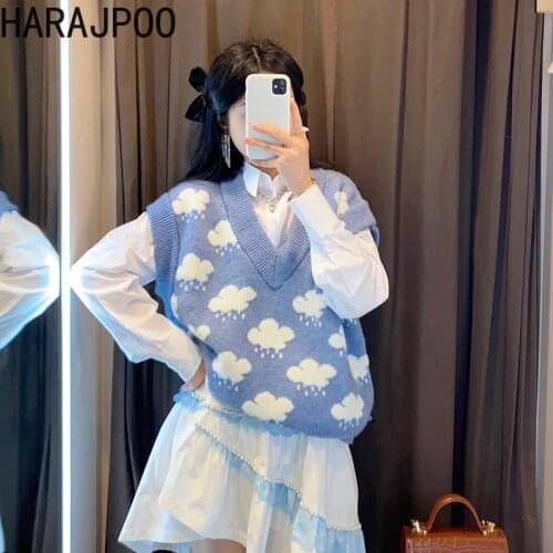 Harajpoo Women Vest Spring Autumn 2021 New Small Fresh Soft Milk Blue Jacquard V-neck Loose Knit Vest Vest Womens Clothing