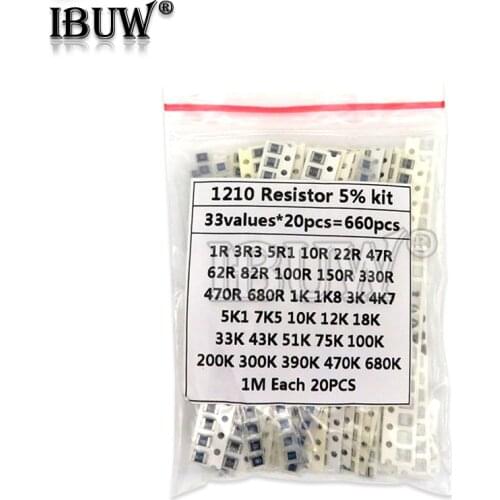 1210 SMD Resistor Kit Assorted Kit 1ohm-1M ohm hjxrhgal 5% 33valuesX 20PCS=660PCS DIY Kit
