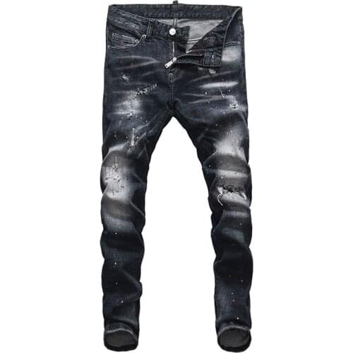 Italian Style Fashion Men Jeans Retro Black Blue Slim Fit Ripped Jeans Men Streetwear Painted Designer Hip Hop Denim Punk Pants