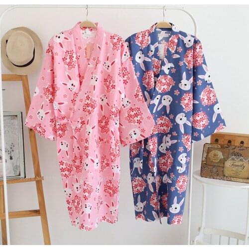 Japanese Style Yukata Robes Women Harajuku Bathing Gown Ao Dai Pajamas Sleepwear Cartoon Bunny Sakura Summer Dress Pyjamas Coat