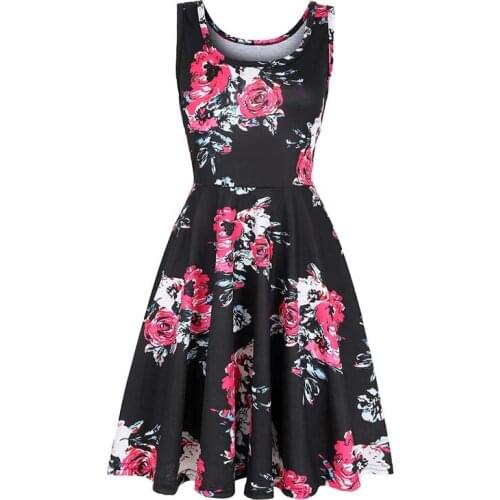 Summer Dress Women Fashion Sleeveless Rose Flower Print Beach Dress Casual Black Mini Dresses Femme