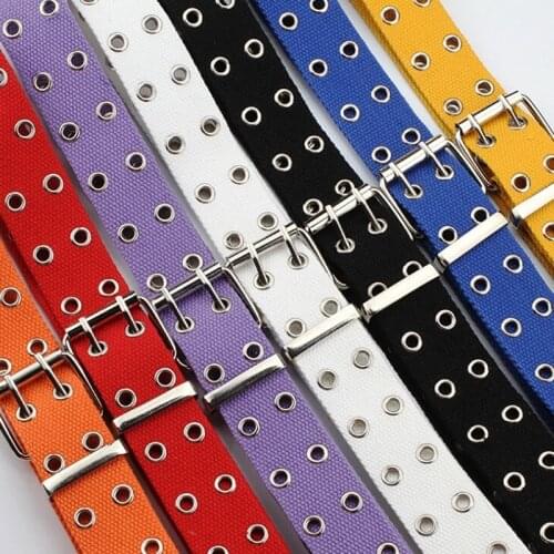 Punk Double Grommet Eyelet Hole Belt For Women Men Black Red Canvas Harajuku Female Male Waist Strap Students Belts