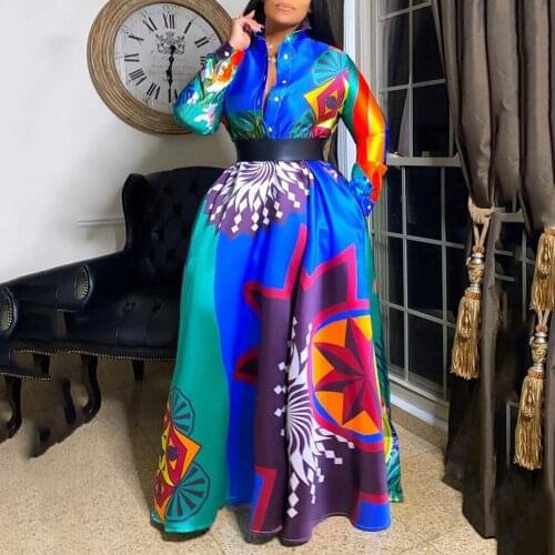 Vintage Dresses for Women With Sleeves Printed Single Breasted High Waisted Floor Length Elegant Evening Night Party Vestidos