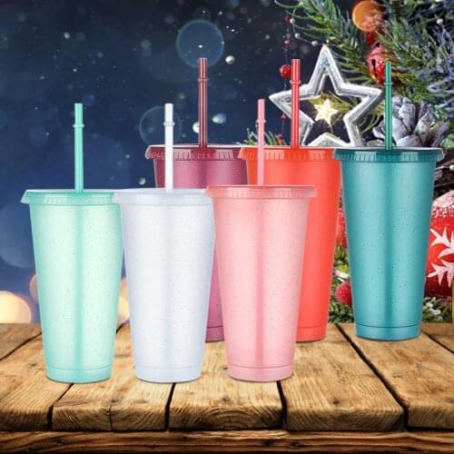 1/2pc Flash Powder Summer Water Bottle With Straws Lid Plastic Reusable Personalized Outdoor Drinkware Juice Coffee Straw Cup