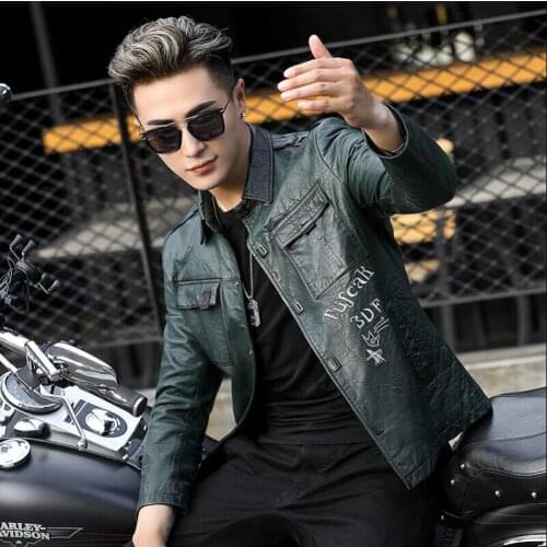 2019 New Mens Genuine Leather Jacket Sheepskin short motorcycle leather coat Dark green lapel slim leather jackets
