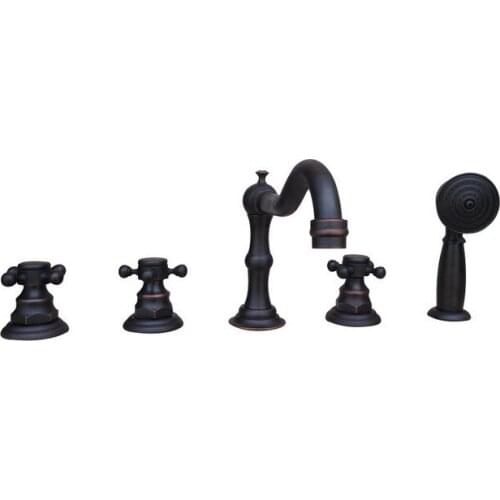 Deck Mounted 5 Holes Bathtub Mixer Faucet Black Oil Rubbed Brass Widespread 3 Handle bathroom basin Faucet Set Handshower atf062
