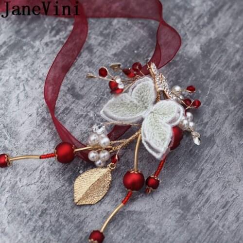 JaneVini 2020 Burgundy Wedding Bridesmaid Bridal Wrist Corsage Butterfly Pearls Gold Leaf Bloem Armband Beaded Flower Bracelet