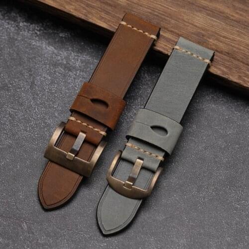 Bronze Buckle First layer Leather Watchband 20 22 23 24 26MM Suitable For Bronze Watch Accessories, Brown Gray Bracelet