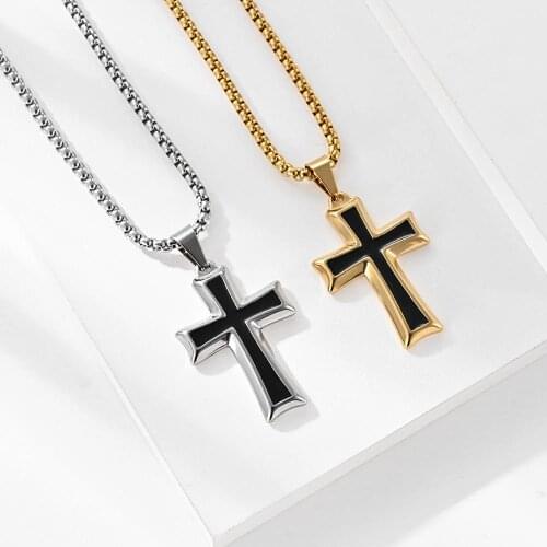 2020 New Arrival Simple Fashion Golden Cross Black Glaze Long Necklace For Man Steel A Gift For The New Year Gothic Accessories