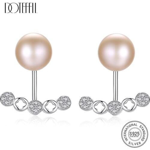 DOTEFFIL 10mm Purple/White/Pink Freshwater Pearl 925 Sterling Silver AAA Zircon Earrings For Women Wedding Engagement Jewelry