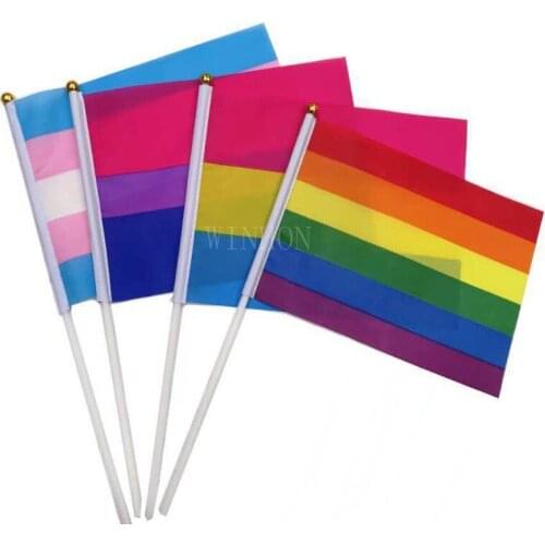 Rainbow LGBT flag Hand Waving flag Gay Pride 14x21cm Bisexual Tans gender Pan sexual Flags And Banners With Flag Poles