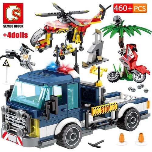 City Police Rescue Truck Off-road Car Building Blocks Military Helicopter Ship DIY Figures Bricks Toys for Children