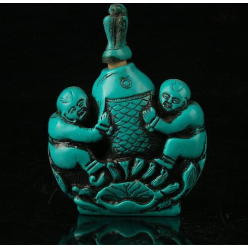 EXQUISITE CHINESE TURQUOISE RESIN HAND CARVED FISH & CHILDREN SNUFF BOTTLE