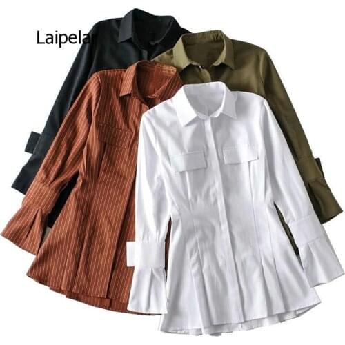 Short Dress Women New Office Lady Solid Tunic Shirt Dress Female Pocket Cotton Dresses Autumn Green Vestido