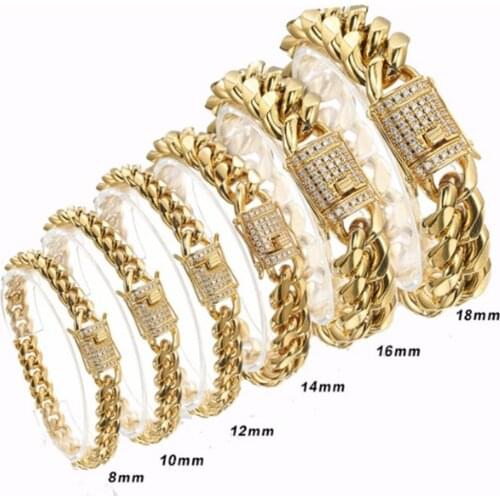 8/10/12/14/16/18mm 7-40" Rhinestones Stainless Steel Golden Miami Cuban Curb Chain Men Women Jewelry Necklace Or Bracelet Bangle