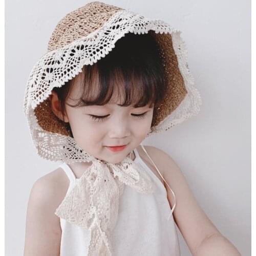 Summer Childrens Woven Straw Hat Girls' Beach Big Brim Sun-Proof Sun Hat Lace Baby Fisherman Hat