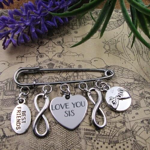 LOVE YOU SIS best friend promise charm brooch silver plated charm brooch gift birthday