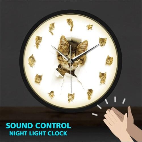 Cute Kittens In Hole of Paper Metal Frame LED Wall Clock Sound Control Animal Design Nursery Wall Decor Kitty Cats Wall Watch
