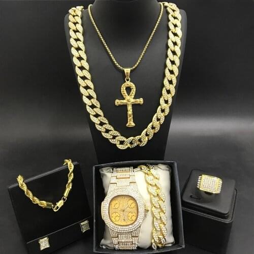 Hip Hop Men Gold Cuban Neckalce & Watch & Braclete & Ring & Earrings Combo Set Ice Out Cuban Jewerly In Crystal Necklace For Men