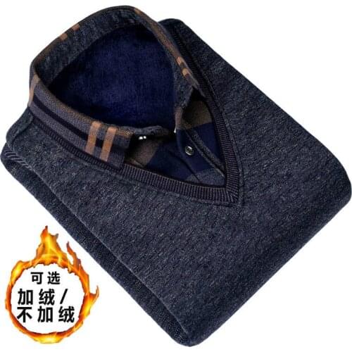 Dads clothes and velvet padded mens sweaters for middle-aged and old-aged mens long-sleeved fake two-piece warm shirt