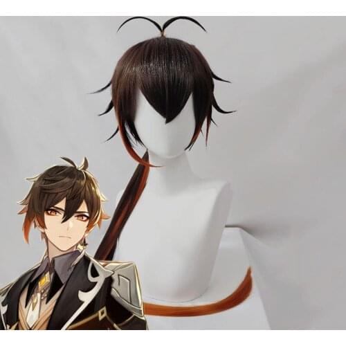 Genshin Impact Zhongli Cosplay 90cm Long Brown Orange Wig Cosplay Anime Wigs Heat Resistant Synthetic Wigs Halloween