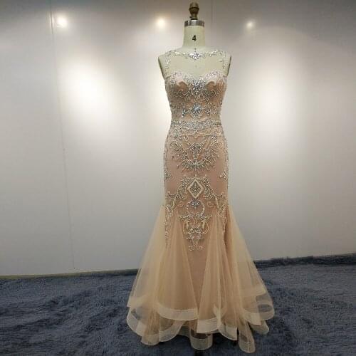 Luxury Prom Dress Champagne Sheer Sweetheart Crystal Beaded Trumpet Formal Long Prom Gowns for Party Dress