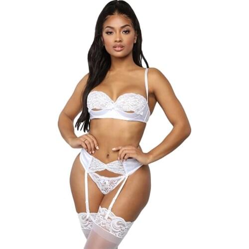 Sexy lace bra and panty set women garters push up lingerie bralette thong panties G-string underwear wire free Bra & Brief Sets