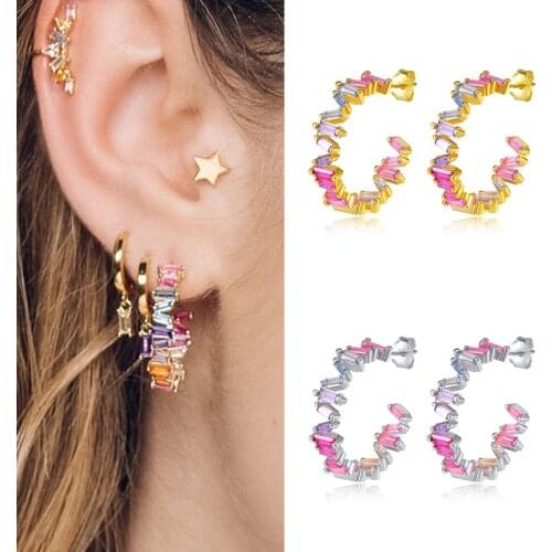 925 Sterling Silver Ear Needle Colorful Crystal Earrings C Shaped Earrings for Women Geometry Shiny CZ Wedding Party Jewelry