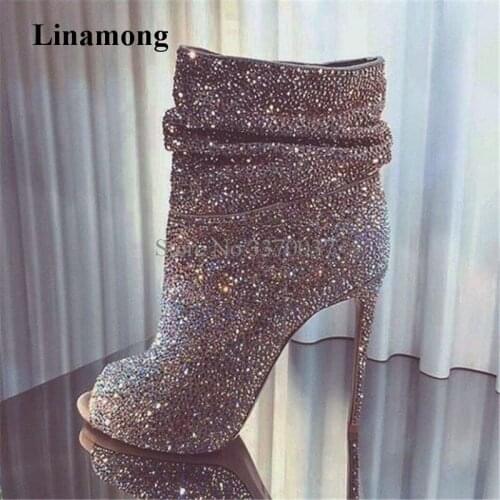 Luxury Bling Bling Silver Gold Black Rhinestone Slip-on Gladiator Short Boots Thin Heel Crystal Super High Heel Ankle Booties