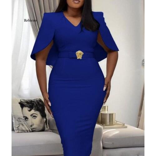 Sexy Women V-Neck Half Sleeve Bodycon Dress Pure Color Mid-Calf High Waist Party Dresses Elegant Robes