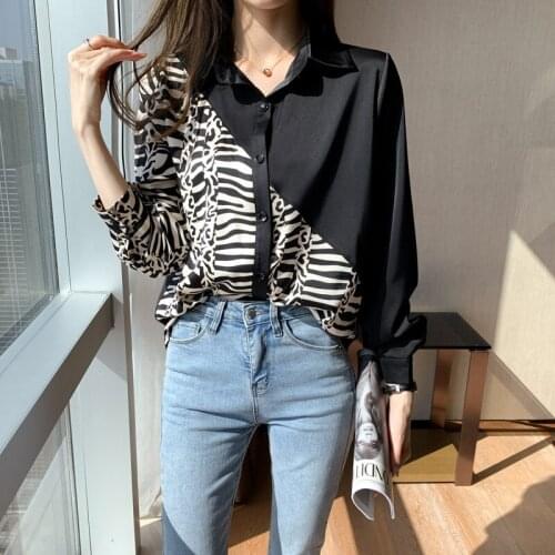 Spring and Autumn 2021 New Leopard Print Stitching Tie Trim Gas Shirt Womens Fashion Chiffon Shirt Plus Size