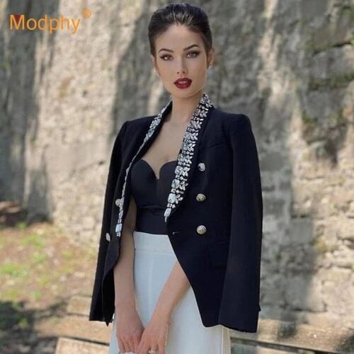 High Quality Black WomenS Blazer Elegant Slim Double Breasted Beaded Fashion Office Party Suit Jacket Female Outerwear Chic Top
