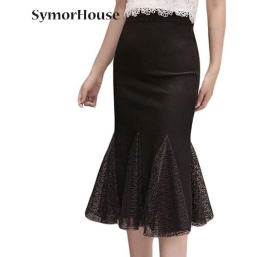 Fashion New Arrival Women Skirt New Plus Size Slim lace patchwork Pencil Skirts Office Work Black Ruffles Mermaid Skirt S-5XL