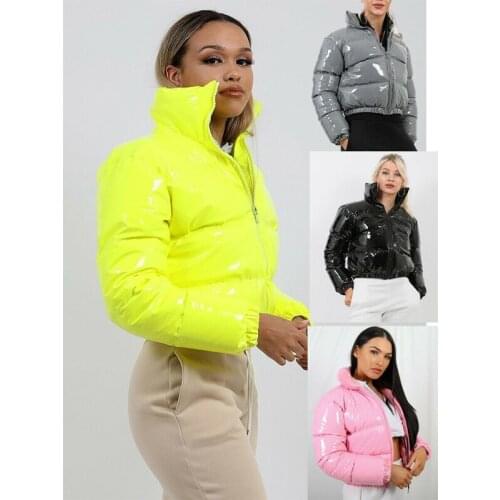 Autumn Winter Women Fashion Bright PU Puffer Jackets Warm Bubble Coat Down Parka Outcoat Zipper Jacket Pink Cute Cropped Parka