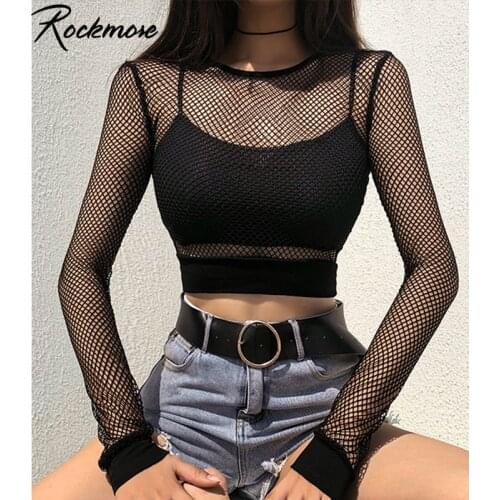 Rockmore Mesh Transparent Tshirt Women Bodycon Long Sleeve Crop Top Tee Shirt Ladies See Trough Streetwear Fishnet Basic T Shirt