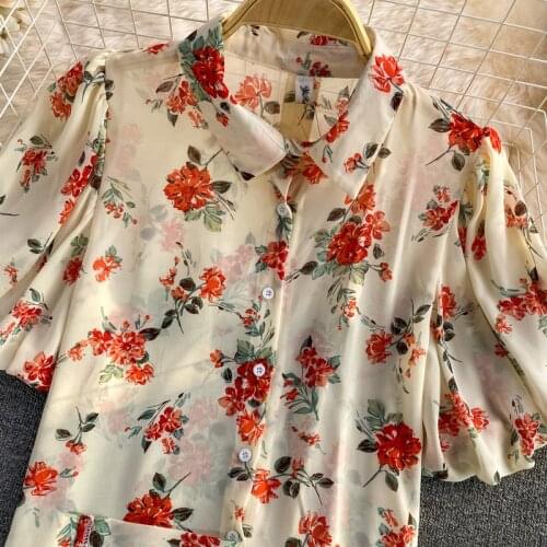 2021 Summer Chiffon Shirts Women Fashion Short Sleeve Turn-down Collar Flower Print Casual Blouse Chic Tops Blusas Mujer