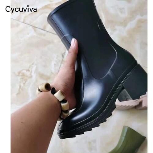2021 New Platform Ankle Rainboots For Women Thick Sole Chelsea Boots Chunky Heels Casual Shoes Women Runway Short Boots