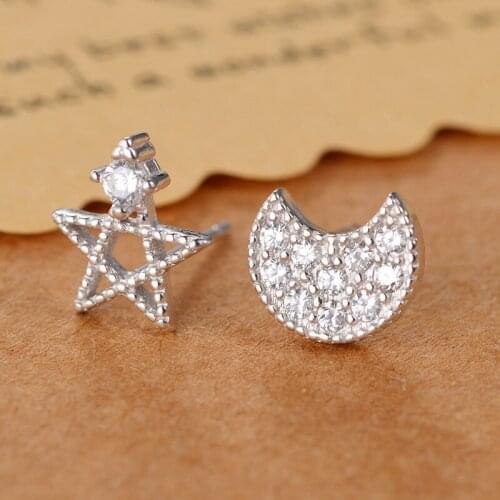 Real 100% 925 Sterling Silver Star Moon zircon Stud Earrings for Women Girls Fashion sterling-silver-jewelry brincos brinco