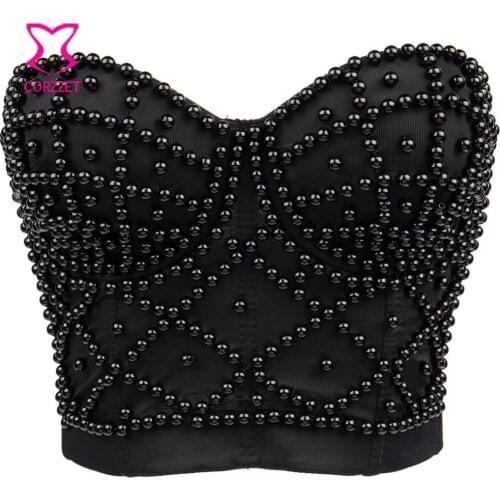 Corzzet Womens Black Beading Strap Bustier Racer Bustiers Top Cotton Corsets and Bustier Gothic Crop Bra Top