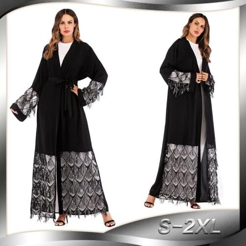 BianFeng Womens Muslim Robe Nida Mesh Lace Sequin Stitching Abaya Loose Fit Long-Sleeved Cardigan