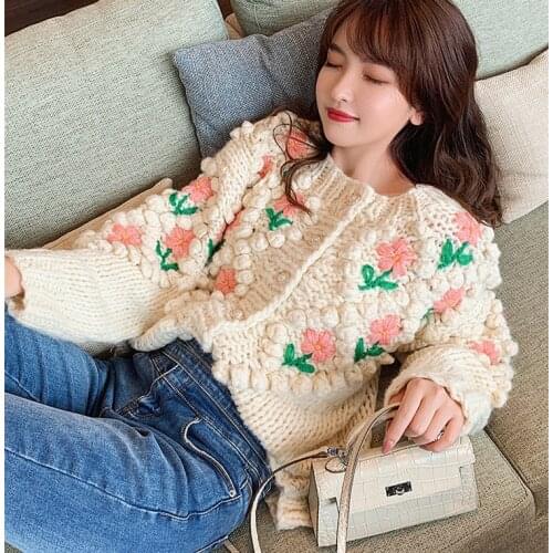 Floral Embroidery Thick Knitted Cardigan Women Autumn Winter Korean Casual Oversize Sweater Coat Warm Cashmere Loose Knit Jacket