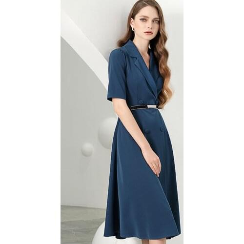 Blue mid-sleeved double-breasted suit dress womens summer dress 2021 OL elegant women dress